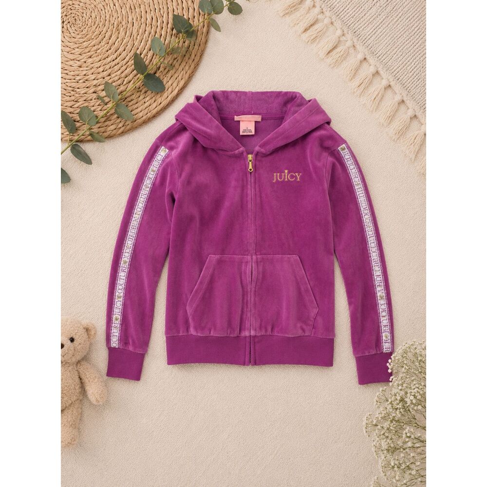 Juicy Couture Kids Velour Zip Hoodie Purple Size 7 Y2K Style Logo Tape Jacket